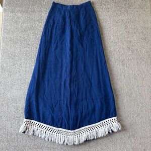 Vintage Handmade Boho Blue (Denim Looking) Maxi Skirt with Fringe Hem Small